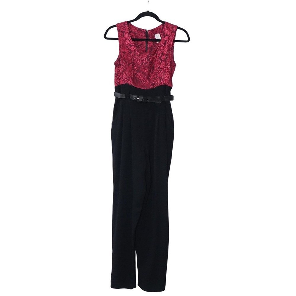 Black Wine Jumpsuit, with Cropped Jacket, Jaquard Floral Pattern, by Dawn Joy II - Picture 6 of 10
